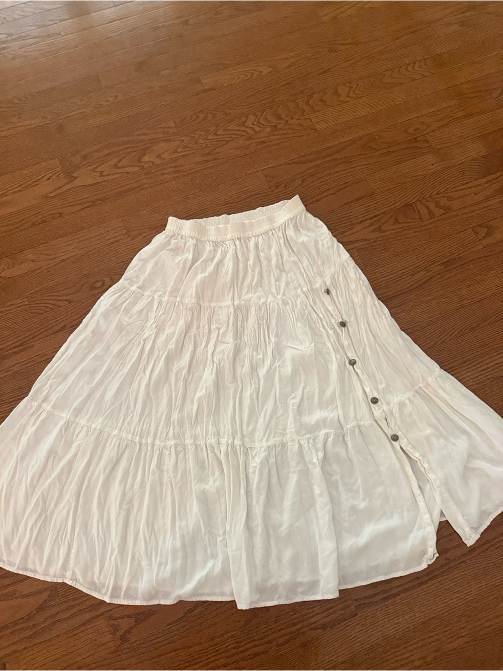 Vintage Rhythm Blue White Tiered Button-Trim Maxi Skirt small